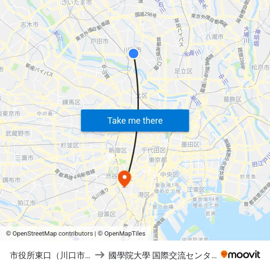 市役所東口（川口市） to 國學院大學 国際交流センター map