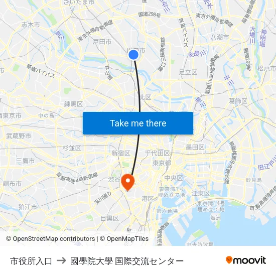 市役所入口 to 國學院大學 国際交流センター map
