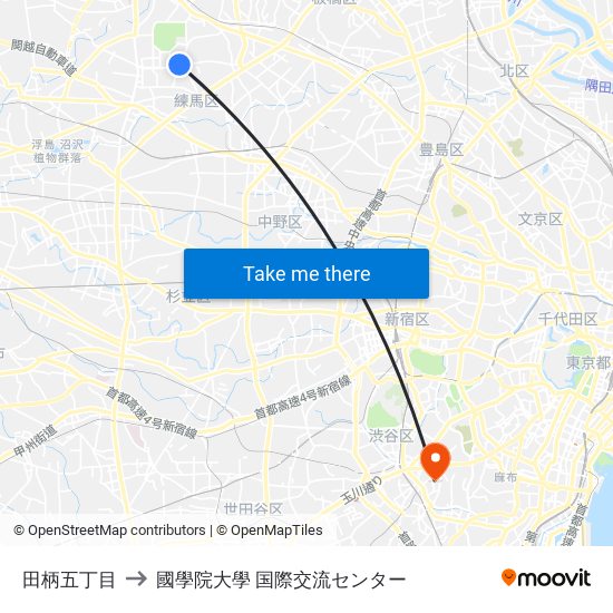 田柄五丁目 to 國學院大學 国際交流センター map