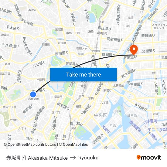 赤坂見附 Akasaka-Mitsuke to Ryōgoku map