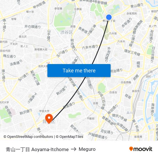 青山一丁目 Aoyama-Itchome to Meguro map