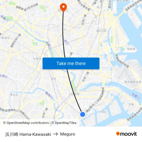 浜川崎 Hama-Kawasaki to Meguro map