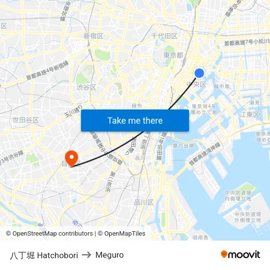 Hatchobori to Meguro map