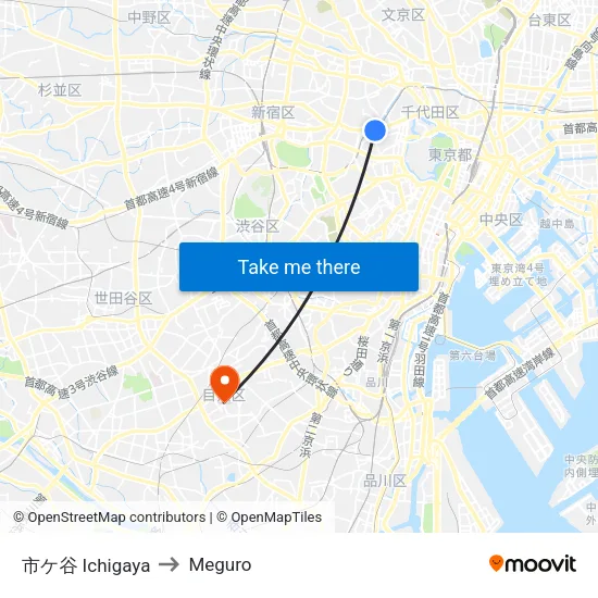 Ichigaya to Meguro map