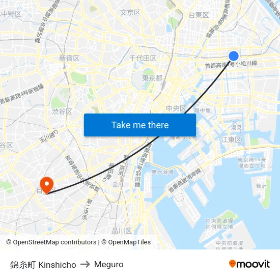 錦糸町 Kinshicho to Meguro map
