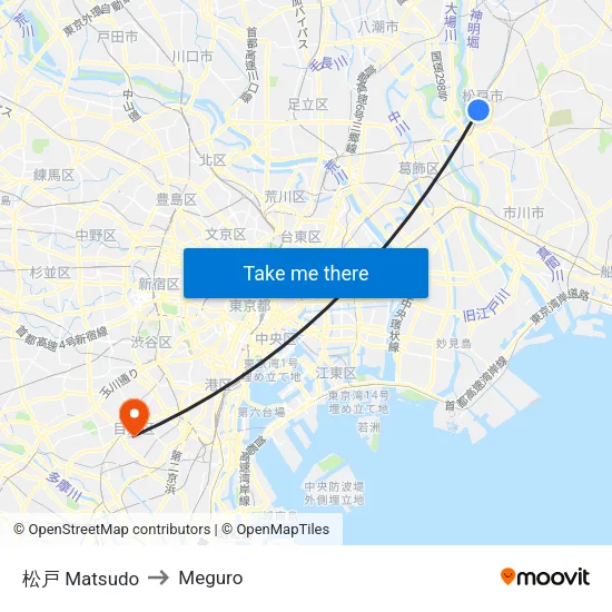 Matsudo to Meguro map