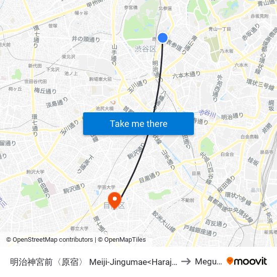 明治神宮前〈原宿〉 Meiji-Jingumae<Harajuku> to Meguro map