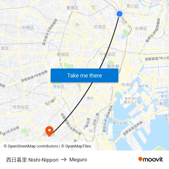 西日暮里 Nishi-Nippori to Meguro map