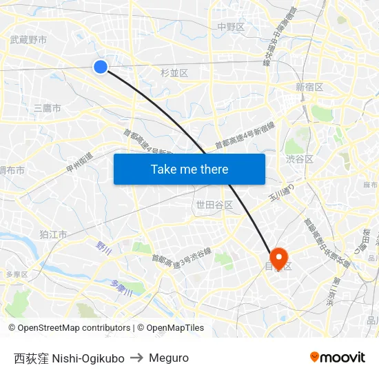 西荻窪 Nishi-Ogikubo to Meguro map