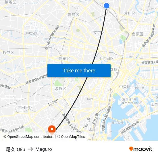 尾久 Oku to Meguro map