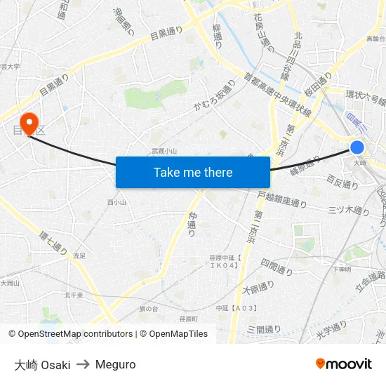 大崎 Osaki to Meguro map