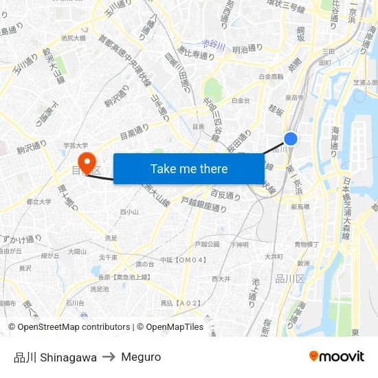 Shinagawa to Meguro map