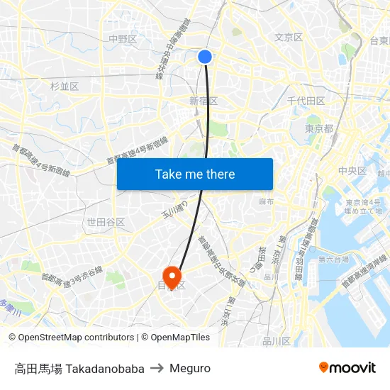 Takadanobaba to Meguro map