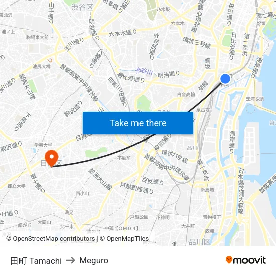 Tamachi to Meguro map