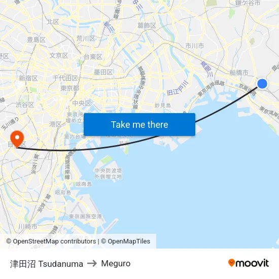 津田沼 Tsudanuma to Meguro map