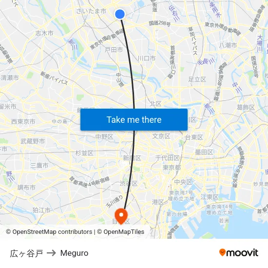 Hirogayato to Meguro map