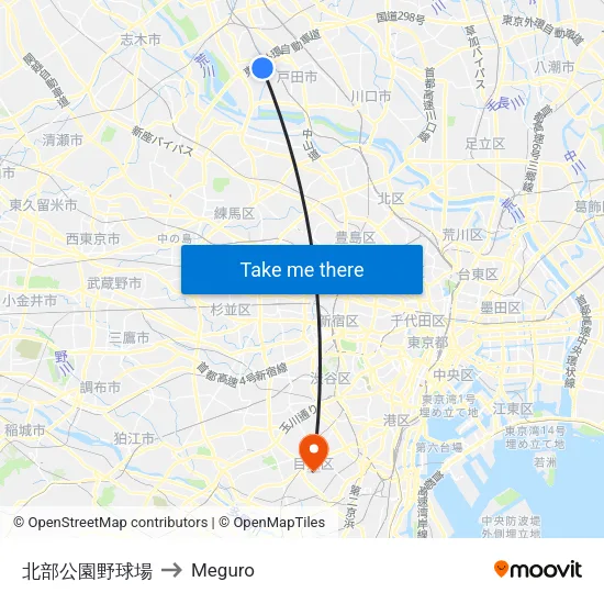 北部公園野球場 to Meguro map