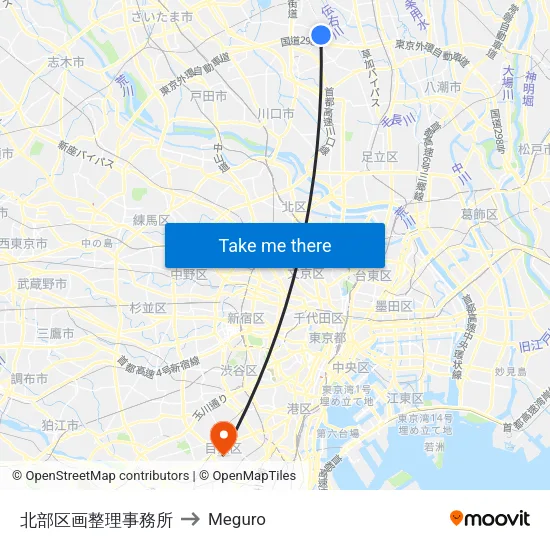 Northern Land Readjustment Office to Meguro map