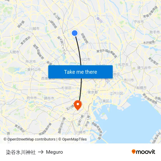 染谷氷川神社 to Meguro map