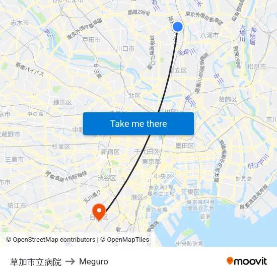 草加市立病院 to Meguro map