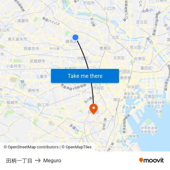 田柄一丁目 to Meguro map