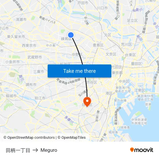 田柄一丁目 to Meguro map
