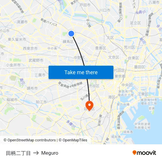 Tagara 2-chome to Meguro map