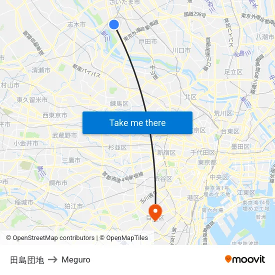 田島団地 to Meguro map