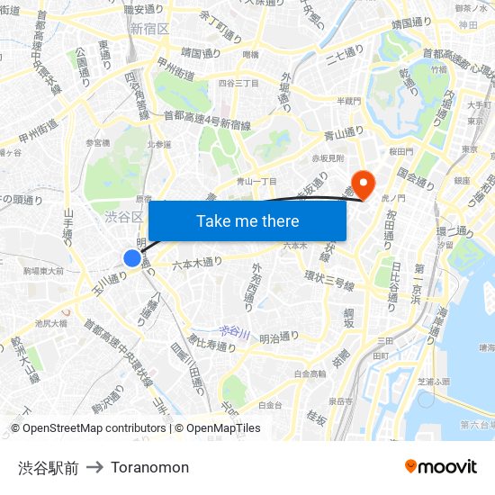 渋谷駅前 to Toranomon map