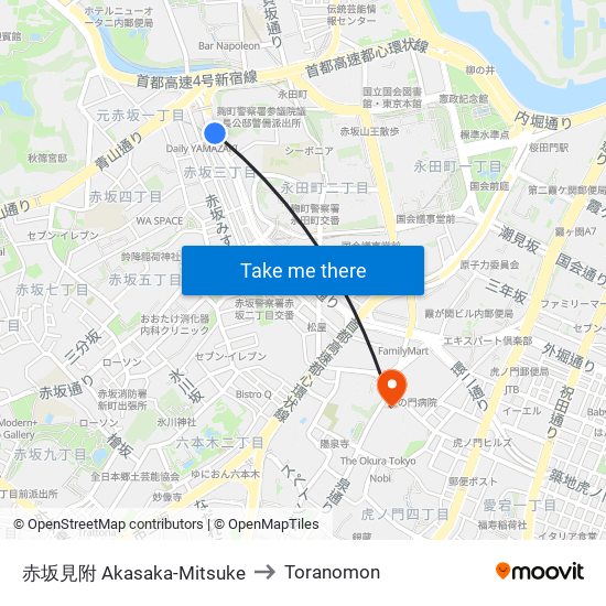 赤坂見附 Akasaka-Mitsuke to Toranomon map