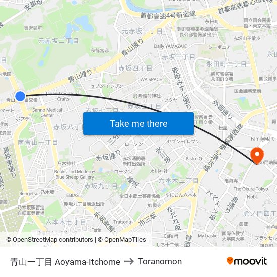 青山一丁目 Aoyama-Itchome to Toranomon map