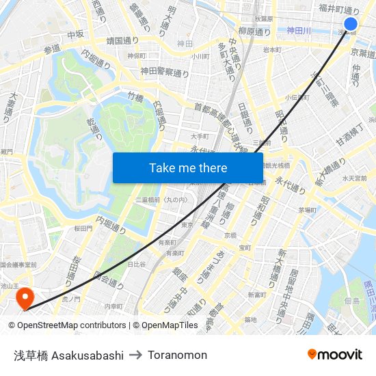 浅草橋 Asakusabashi to Toranomon map