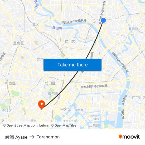綾瀬 Ayase to Toranomon map