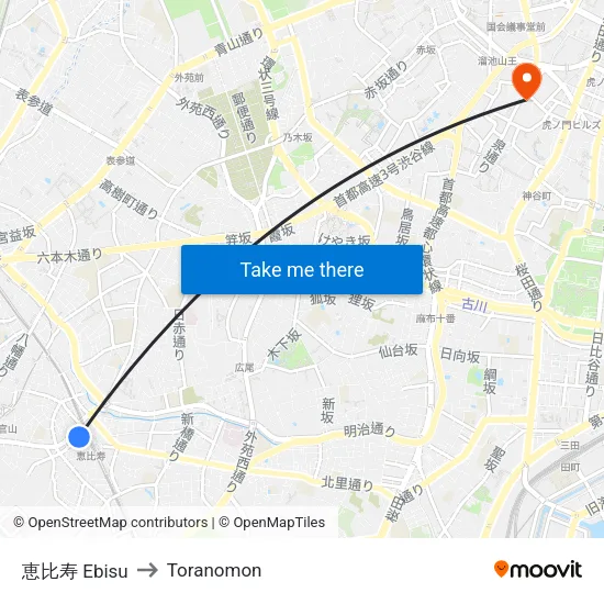 恵比寿 Ebisu to Toranomon map