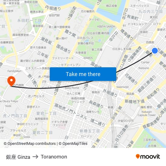 銀座 Ginza to Toranomon map