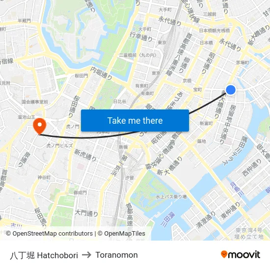 八丁堀 Hatchobori to Toranomon map