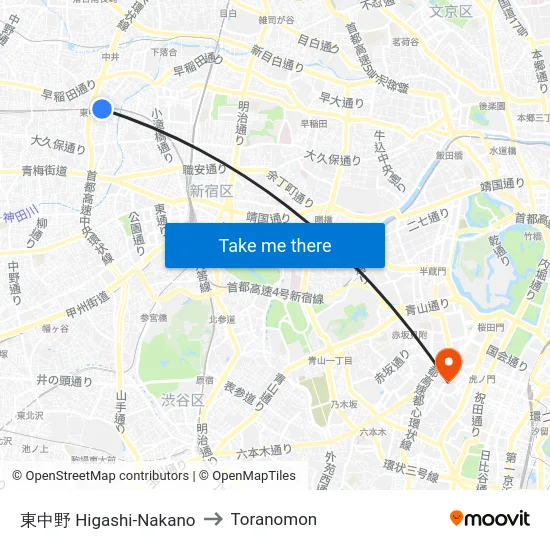 東中野 Higashi-Nakano to Toranomon map