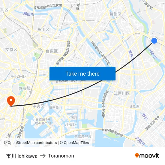 市川 Ichikawa to Toranomon map