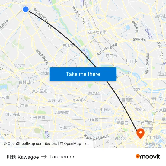 Kawagoe to Toranomon map