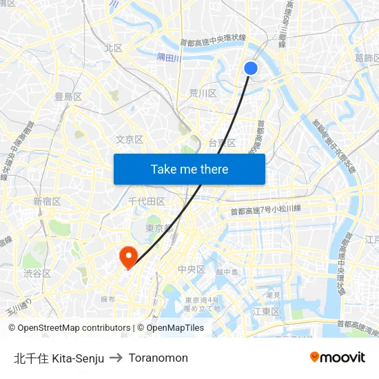 Kita-Senju to Toranomon map