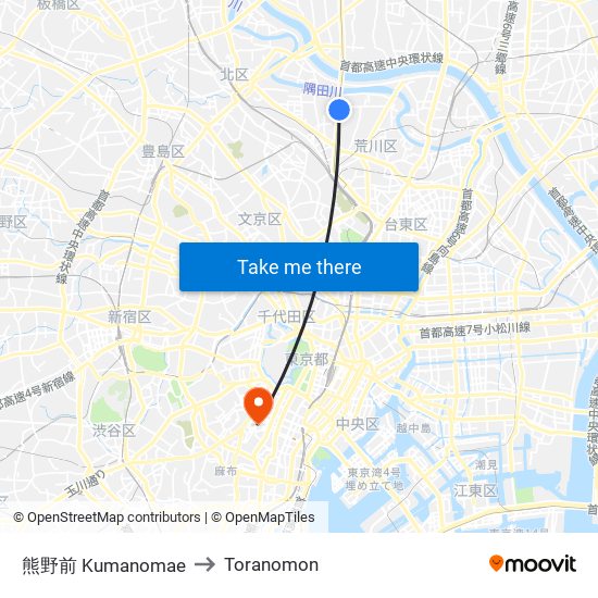 熊野前 Kumanomae to Toranomon map