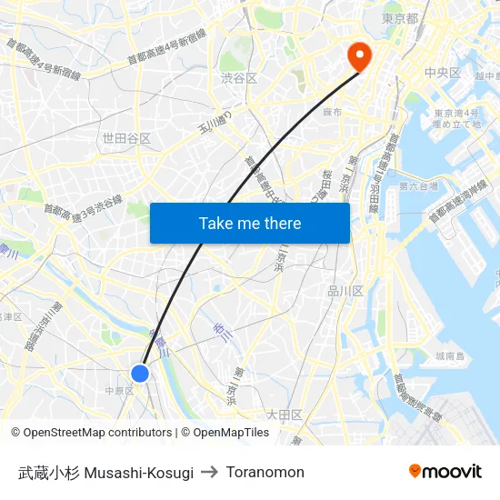 武蔵小杉 Musashi-Kosugi to Toranomon map