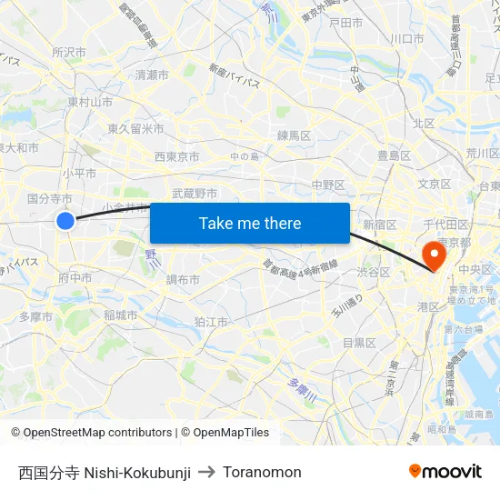 西国分寺 Nishi-Kokubunji to Toranomon map