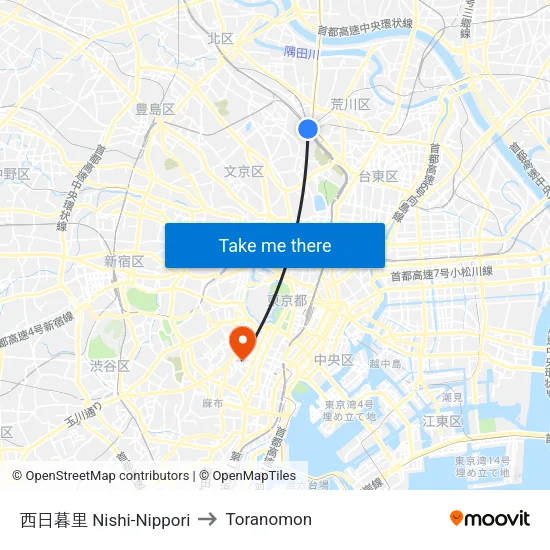 Nishi-Nippori to Toranomon map