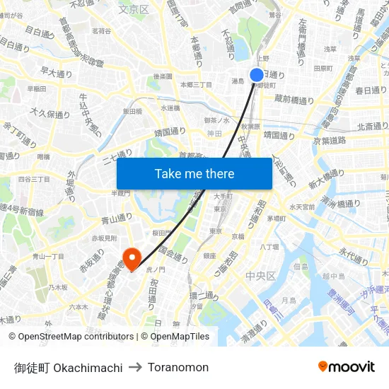 御徒町 Okachimachi to Toranomon map