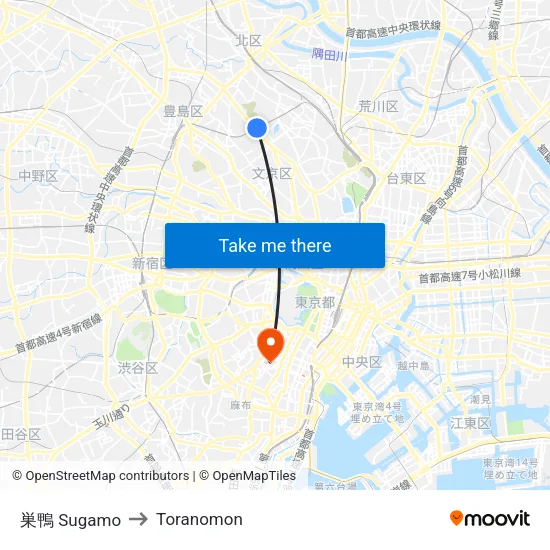 巣鴨 Sugamo to Toranomon map