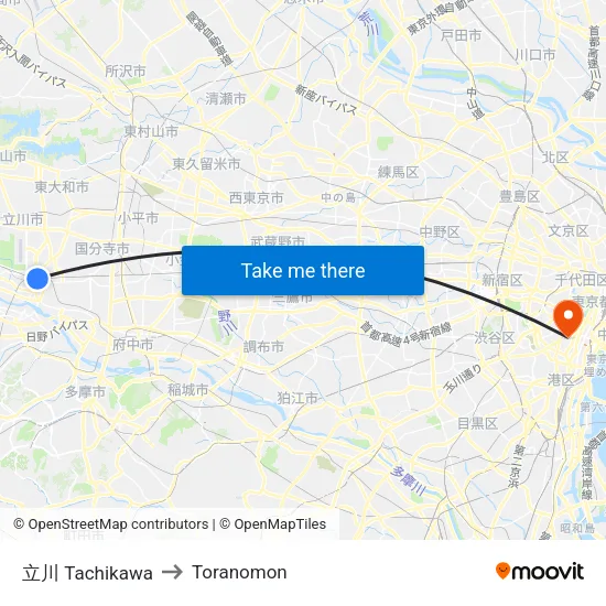 Tachikawa to Toranomon map