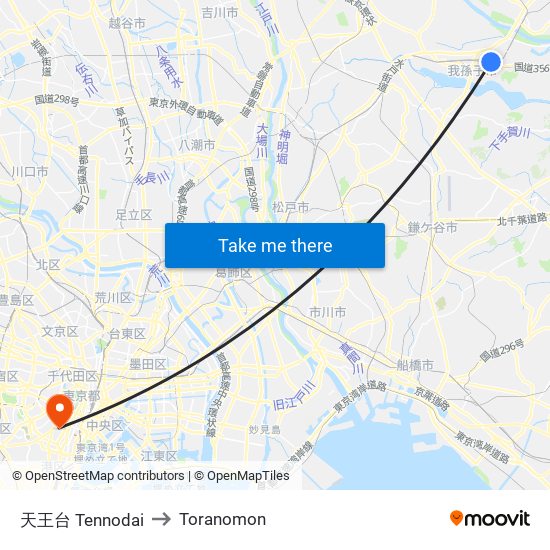 天王台 Tennodai to Toranomon map