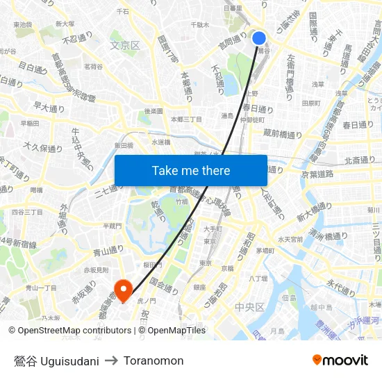 Uguisudani to Toranomon map