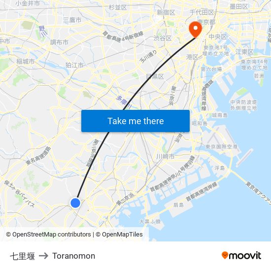 七里堰 to Toranomon map